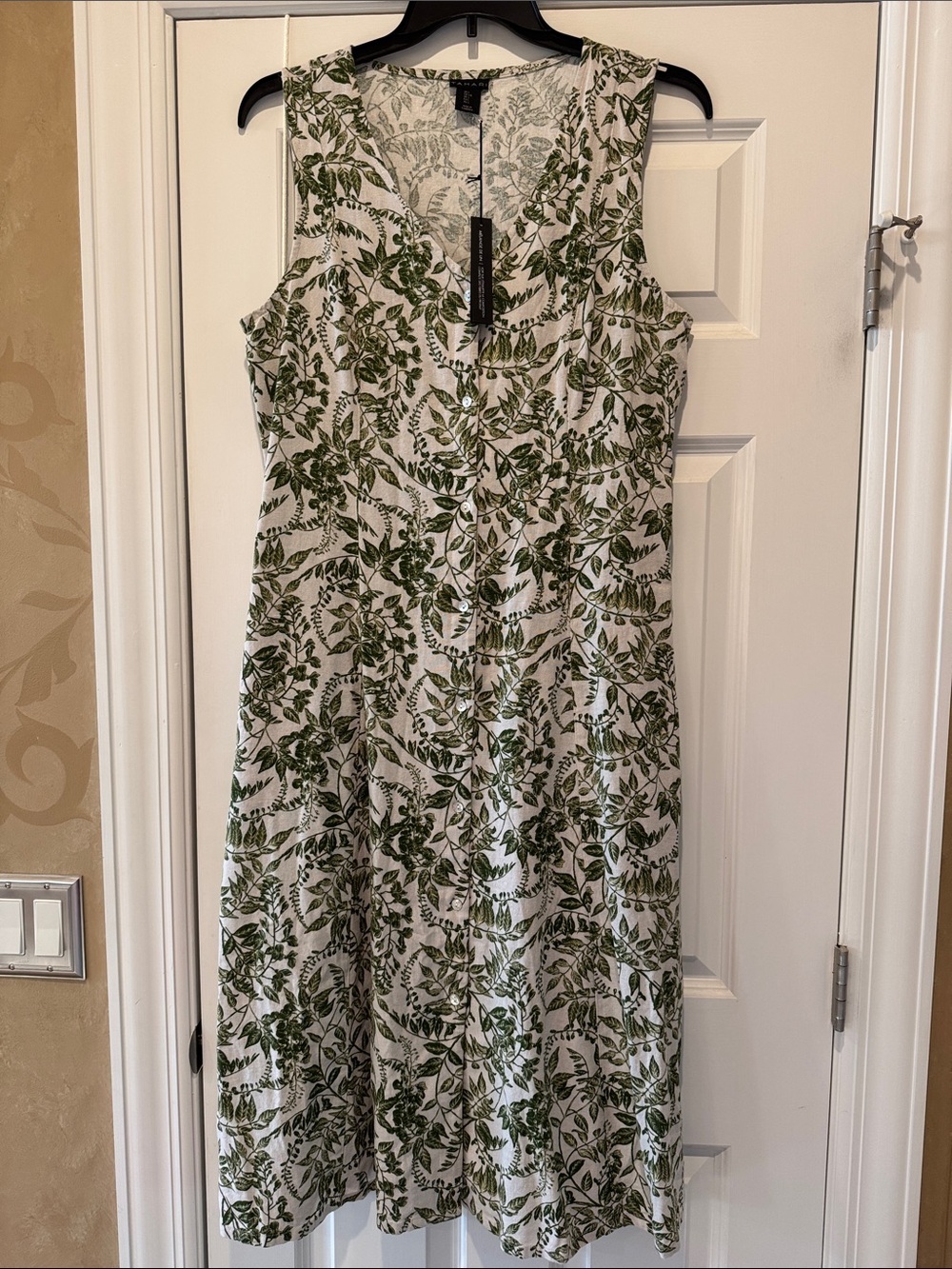 Tahari Sleeveless Green Leaf Print Linen Blend Dress - Size L - NWT